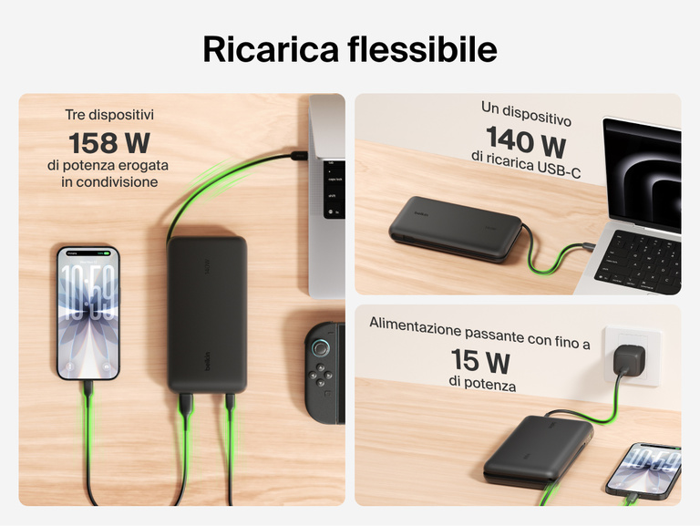 Belkin UltraCharge Pro Laptop Power Bank 25K demonstrating flexible charging with up to 158W shared output, 140W single-device USB-C charging, and pass-through charging capability