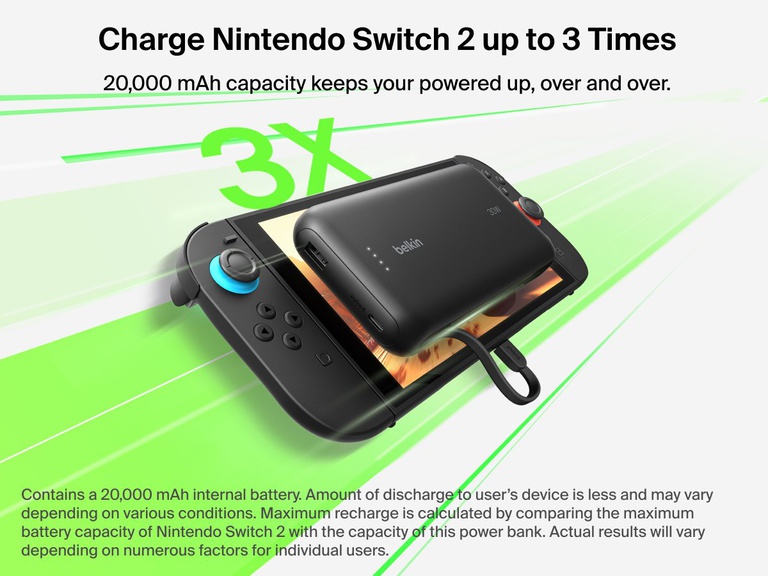 Belkin Gaming Power Bank 20K (30W) with integrated USB-C cable charges the Nintendo Switch 2 up to three times with its 20,000 mAh battery for extended playtime.