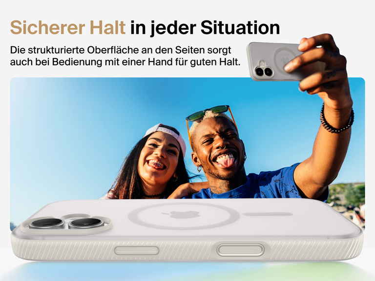 Belkin SheerForce Grip Series Case for iPhone 17 with military-grade drop protection and textured non-slip grip.