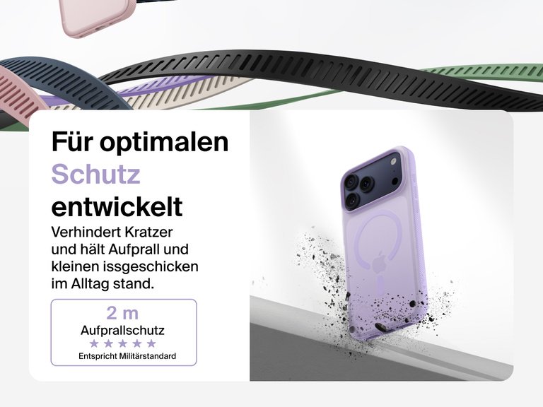 Belkin SheerForce Grip Series Case for iPhone 17 shown with textured grip and impact protection against drops.