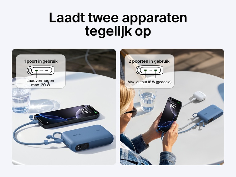 Visuele vergelijking van de Belkin BoostCharge 10.000mAh-powerbank met display die één apparaat met 20 W of twee apparaten tegelijk met een gedeeld uitgangsvermogen van 15 W oplaadt, waarbij een smartphone en draadloze oordopjes op een tafel van stroom worden voorzien.