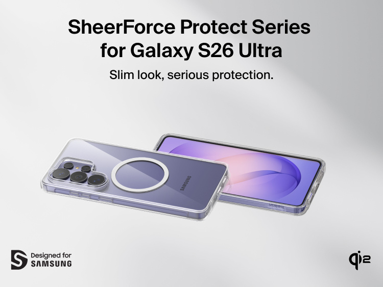 Belkin SheerForce Clear Series Case for Samsung Galaxy S26 shown on phone, featuring a slim, protective clear design with raised edges, precise cutouts, and Qi2 wireless charging compatibility.