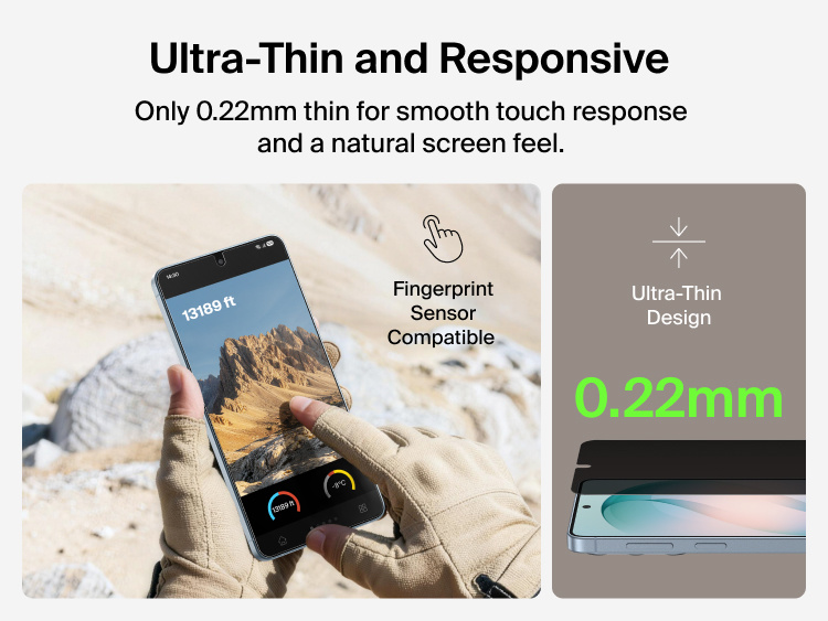 Belkin ScreenForce Titan EcoGuard Privacy Filter Screen Protector for Samsung Galaxy S26 shown with an ultra-thin 0.22 mm design that maintains smooth touch response and fingerprint sensor compatibility.