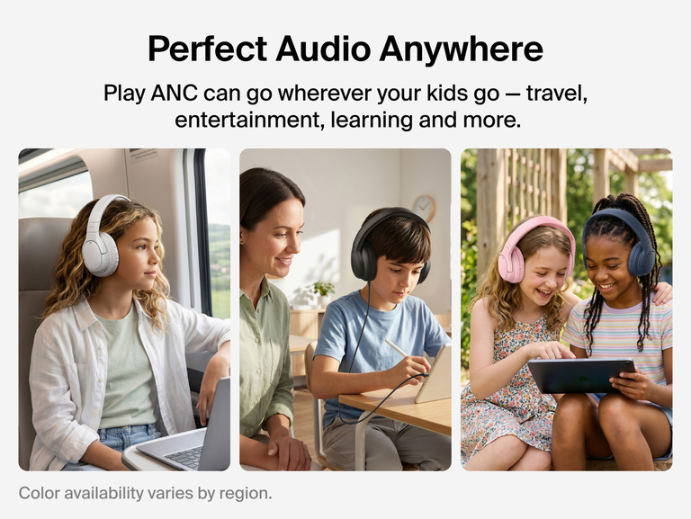 Children wearing SoundForm Play Active Noise Cancelling Headphones for Kids while traveling, studying, and playing outdoors