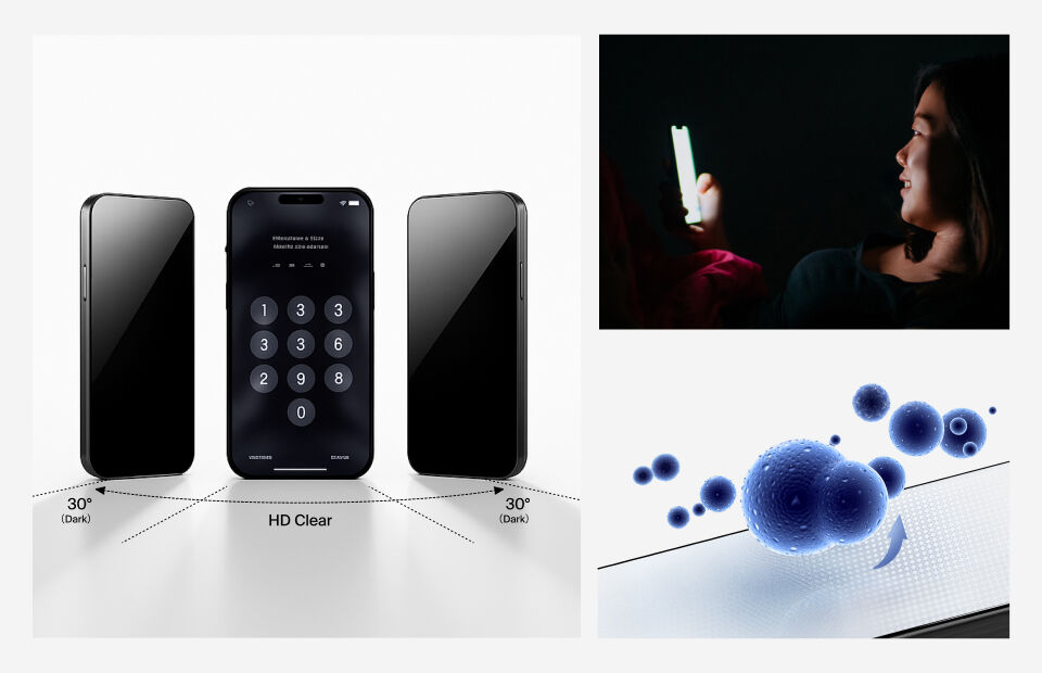 스마트폰 강화유리의 특징을 강조한 합성 이미지입니다. 왼쪽: 3대의 휴대전화가 프라이버시 필터 효과를 보여줍니다. 화면 중앙은 선명한 반면 30° 각도에서 보면 어둡게 보입니다. 오른쪽 위: 어둠 속에서 빛나는 휴대전화를 사용하는 여성. 오른쪽 아래: 표면 위의 파란색 미생물을 확대해서 보여주는 그래픽으로, 항균 보호 기능을 보여줍니다.