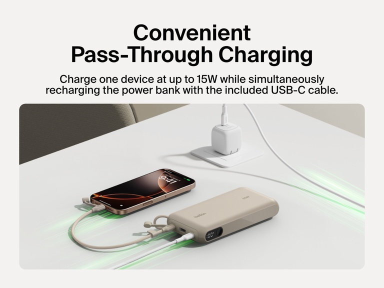 Belkin BoostCharge Power Bank 20K with Display shown using pass-through charging to power two devices at up to 15W while recharging the power bank via the included USB-C cable.