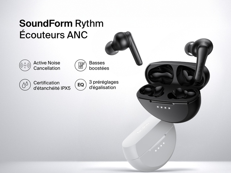 Image des écouteurs ANC SoundForm Rhythm de Belkin noirs et blancs avec les étuis de recharge, la suppression du bruit de fond, les basses boostées, la résistance à l’eau et 3 préréglages d'égalisation.