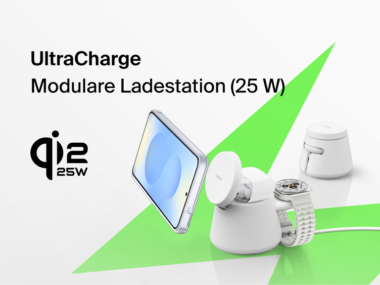 Die Belkin UltraCharge modulare Ladestation mit Qi2 25W erm&ouml;glicht schnelles induktives Laden kompatibler Smartphones, Smartwatches und In-Ear-Kopfh&ouml;rer in einer kompakten modularen Konstruktion.