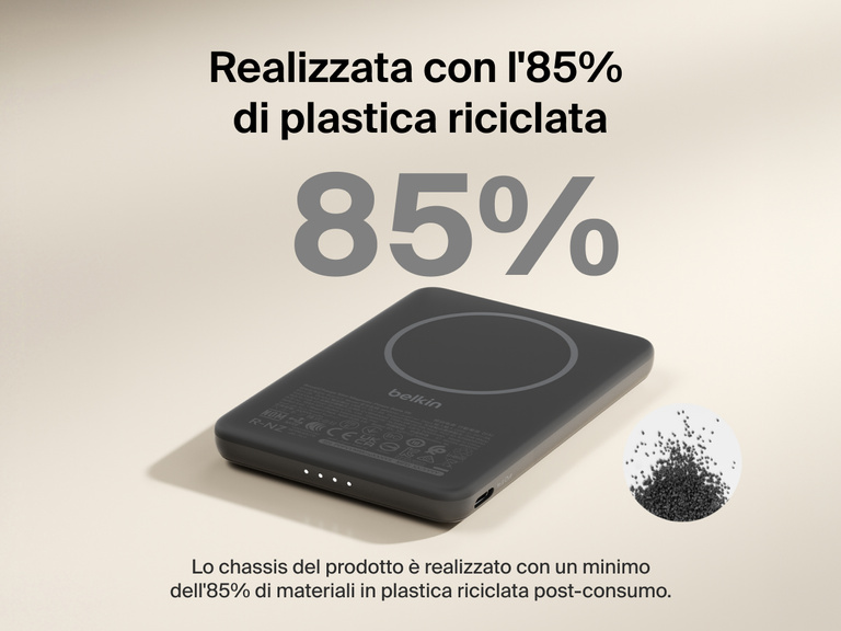 Belkin BoostCharge Slim Magnetic Power Bank 5K shown with text highlighting that its housing is made from 85% post-consumer recycled plastic for sustainable design.