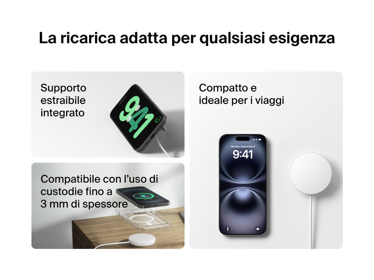 I diversi usi di un tappetino di ricarica wireless magnetica con Qi2 da 15 W BoostCharge Pro Belkin di colore bianco, con supporto integrato estraibile, design compatto ideale per i viaggi e compatibilità con l'uso di custodie con spessore fino a 3 mm.