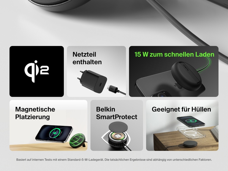 Funktionsübersicht eines schwarzen, magnetischen, kabellosen Belkin BoostCharge Pro-Ladegeräts mit Qi2 und 15 Watt. Es wird die Qi2-Zertifizierung, das mitgelieferte Netzteil, die 15-Watt-Schnelladefunktion, die magnetische Platzierung, die Belkin SmartProtect-Sicherheit und die Hüllen-Kompatibilität veranschaulicht.