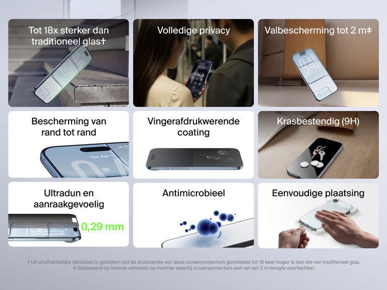 Belkin ScreenForce InvisiGlass Screen Protector for iPhone with up to 18x stronger glass, 9H scratch resistance, 6.5 ft drop protection, ultra-thin 0.29mm design, anti-fingerprint coating, antimicrobial treatment, and easy edge-to-edge application.