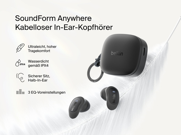 Belkin SoundForm Anywhere Wireless Earbuds with charging case shown on feather highlighting lightweight comfort, secure semi in-ear fit, IPX4 water resistance, and 3 EQ presets.