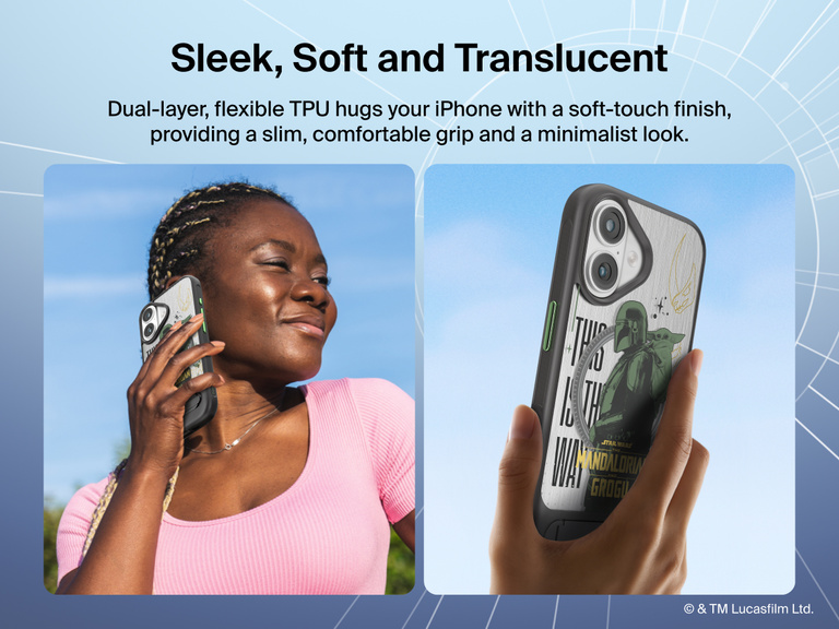 Belkin SheerForce Magnetic Case with Kickstand for iPhone 17, The Mandalorian & Grogu with slim dual-layer TPU construction, soft-touch finish, and comfortable everyday grip.