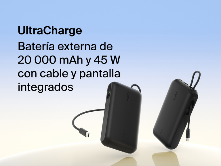 Belkin UltraCharge 20K 45W power bank with integrated USB-C cable and digital display showing portable high-capacity fast charging solution