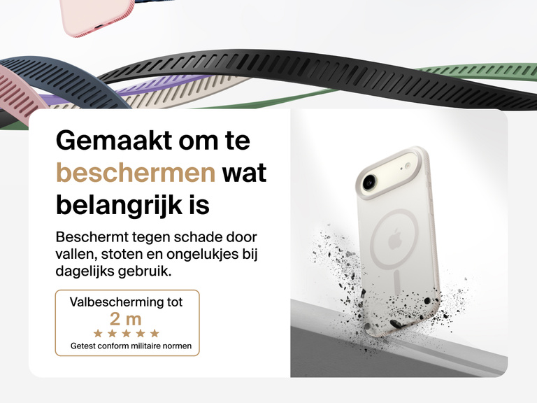 Belkin SheerForce Grip Series Case for iPhone 17 shown with textured grip and impact protection against drops.