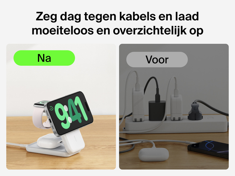 De Belkin UltraCharge 3-in-1 uitklapbare magnetische lader met Qi2 25W laadt meerdere apparaten draadloos op zonder wirwar van kabels, zoals ernaast te zien is.