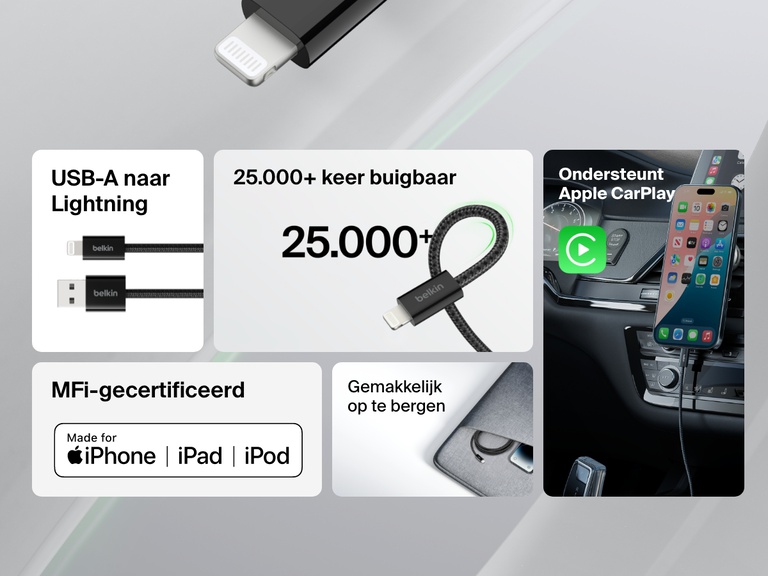 De compacte Belkin BoostCharge USB-A-kabel met Lightning-connector is bestand tegen meer dan 25.000 keer buigen, is MFi-gecertificeerd en ondersteunt Apple CarPlay ten behoeve van het naadloos opladen en synchroniseren van iPhone, iPad en iPod.
