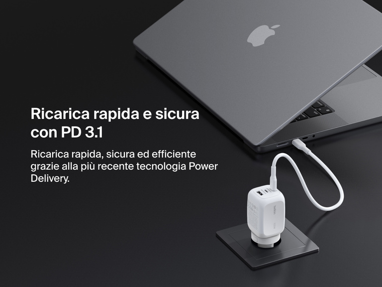 BoostCharge Pro 3-Port GaN Wall Charger 100W connected to a laptop, showcasing USB-C PD 3.1 technology for fast, efficient, and secure Power Delivery charging.