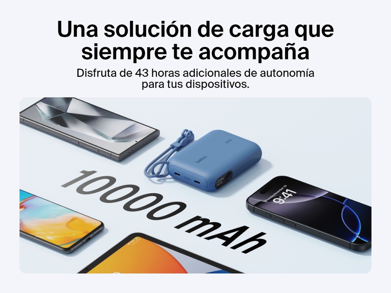 Se exhibe la batería externa 10K con pantalla BoostCharge de Belkin rodeada de múltiples dispositivos, resaltando sus 10 000 mAh de capacidad y su capacidad para proporcionar hasta 43 horas adicionales de autonomía sobre la marcha en cualquier parte.