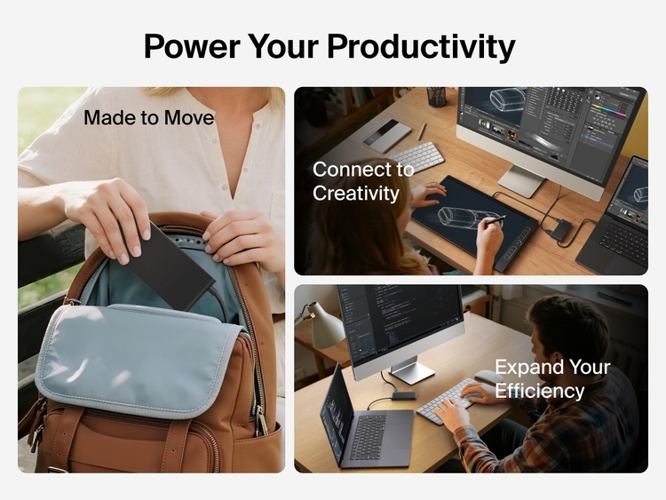 Belkin Connect 7-Port USB-C Hub with Dual USB-C Ports shown for portability, creative workflows, and efficient multitasking across devices.