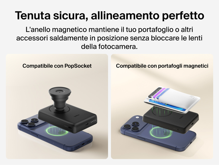 Slim Magnetic Power Bank 10K with Qi2 magnetically attached to smartphone demonstrating secure alignment and compatibility with PopSockets and magnetic wallet accessories