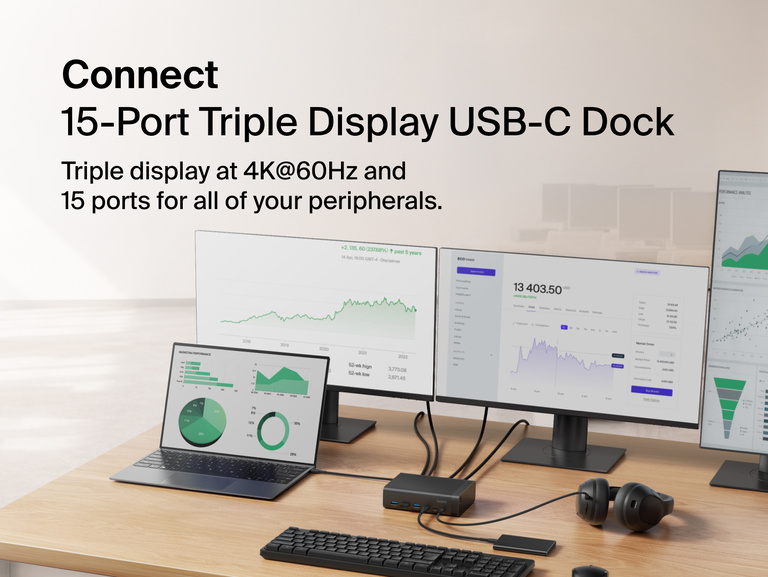 Connect 15-Port Triple Display USB-C Dock connected to a laptop and three monitors on a desk, supporting triple display at 4K at 60Hz and 15 ports for peripherals