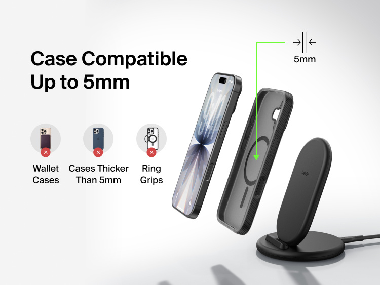Belkin BoostCharge Wireless Charging Stand 15W shown charging through phone cases up to 5mm thick, not compatible with wallet cases, thick cases, or ring grips.