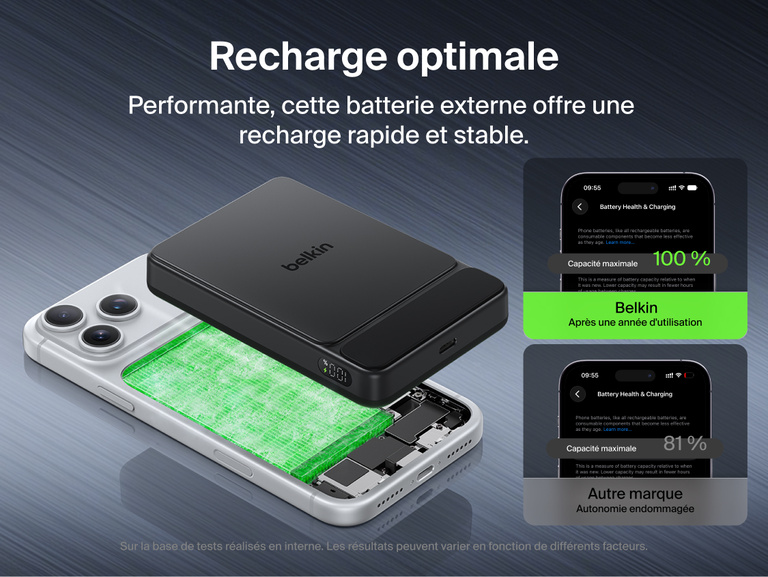 Belkin UltraCharge Slim Magnetic Power Bank 10K highlighting dual chip system, advanced temperature sensors, and real-time monitoring for enhanced charging safety and protection