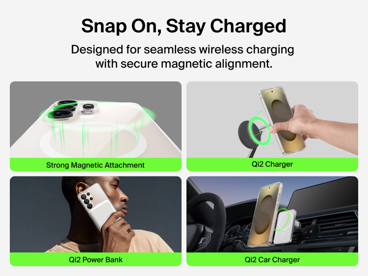 Belkin SheerForce Titan Protective Bundle for Samsung Galaxy S26 with MagSafe-compatible case offering strong magnetic attachment for seamless Qi2 wireless charging with stands, power banks, and car chargers.