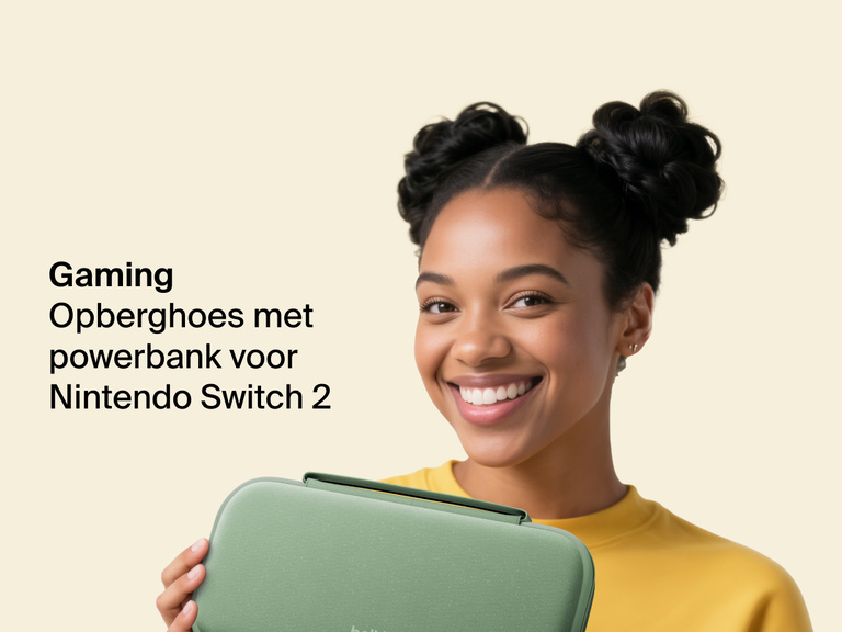 Smiling woman in a yellow shirt holds the Belkin Gaming Charging Case for Nintendo Switch 2, designed for portable protection and on-the-go charging.