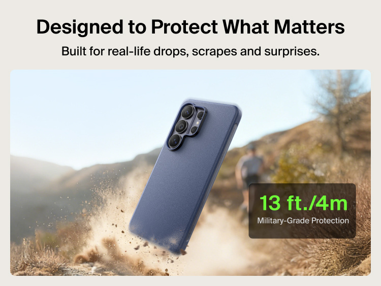 Belkin SheerForce Protect Series Case for Samsung Galaxy S26 shown with drop impact, highlighting durable everyday protection and up to 13 ft drop resistance for real-life use.