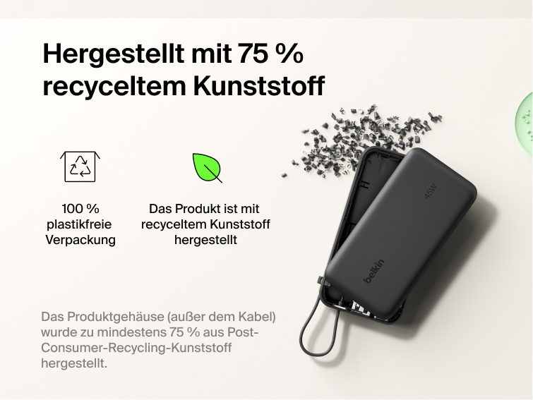Belkin UltraCharge 10K power bank with integrated USB-C cable and digital display made with 75% recycled plastic and eco-friendly packaging