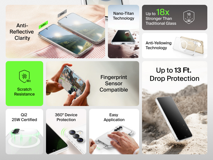 Belkin SheerForce Titan Protective Bundle for Samsung Galaxy S26 highlighting 9H scratch resistance, Nano-Titan technology, up to 13-foot drop protection, anti-reflective clarity, Qi2 25W compatibility, and full 360-degree device protection.