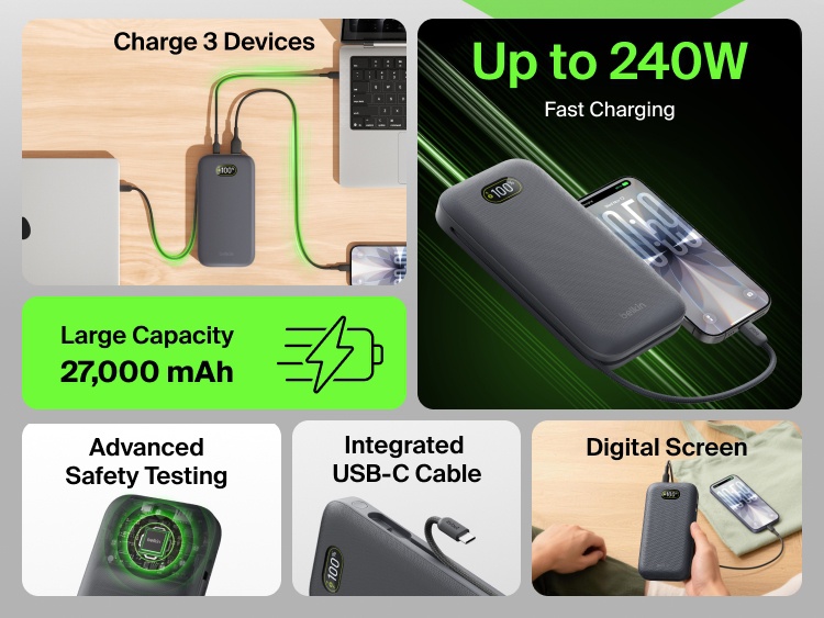 UltraCharge Pro Laptop Power Bank 27K charging three devices with integrated USB-C cable, digital display, and high-capacity fast charging up to 240W