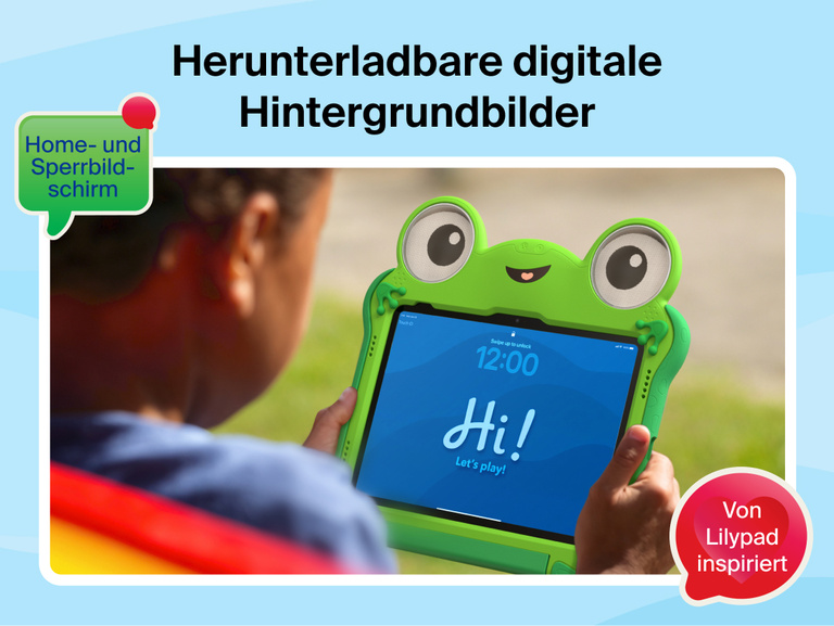 Disney Toy Story 5 Lilypad Case for iPad 10th and 11th Gen shown in use by a child holding tablet displaying &ldquo;Hi! Let&rsquo;s play!&rdquo; with callouts for downloadable digital wallpapers and home and lock screens