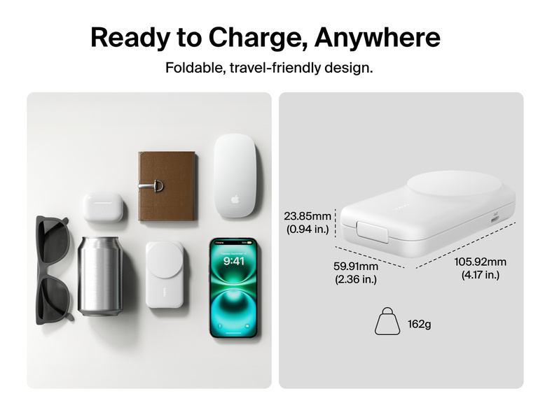 Belkin UltraCharge 2-in-1 Foldable Magnetic Charger with Qi2 25W shown in compact, travel-friendly design weighing 162g with dimensions ideal for on-the-go charging.
