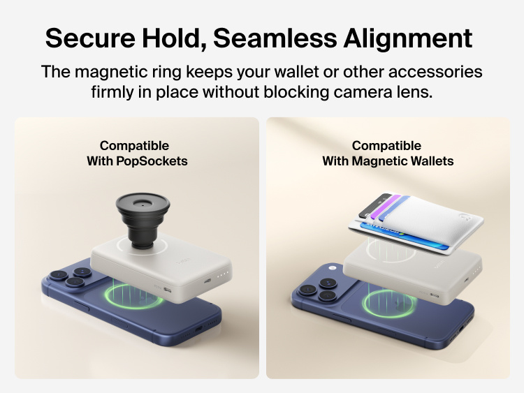 Belkin BoostCharge Slim Magnetic Power Bank 10K securely aligned to iPhone with magnetic ring, compatible with PopSockets and magnetic wallets without blocking camera