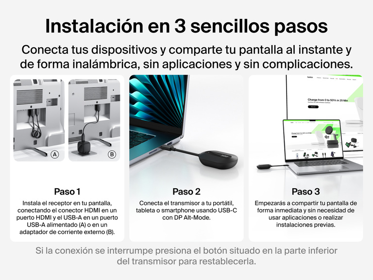 Se muestra el conversor inal&aacute;mbrico para pantalla HDMI Belkin Connect Air y sus tres sencillos pasos de instalaci&oacute;n y uso: conectar el receptor a una pantalla, conectar el transmisor en un dispositivo y empezar a compartir v&iacute;deo.