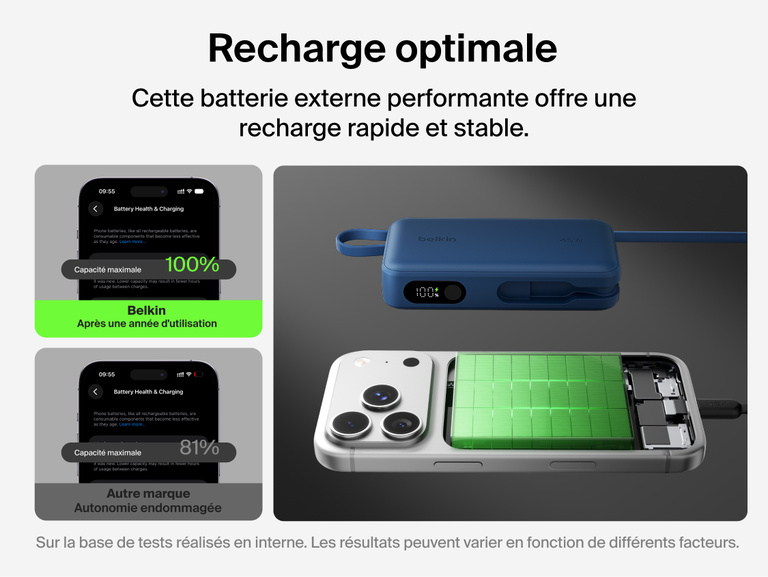 Belkin UltraCharge 10K power bank with integrated USB-C cable and digital display featuring optimized fast and stable charging to support long-term battery health