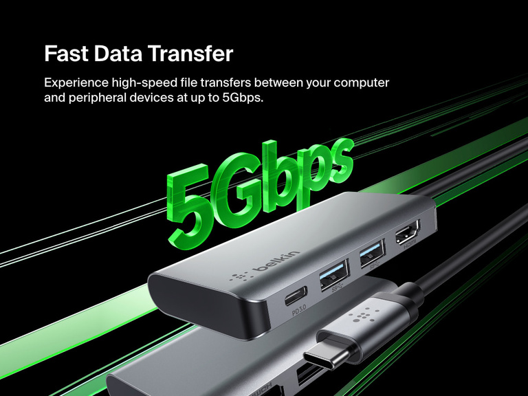 Belkin Connect USB-C 4-in-1 Multiport Adapter is shown with labeled ports and a visual highlighting its fast data transfer capability of up to 5Gbps.