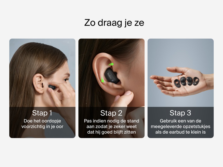 Belkin SoundForm Anywhere Wireless Earbuds with step-by-step guide showing how to wear and adjust for a secure, comfortable fit using size-up sleeves if needed.