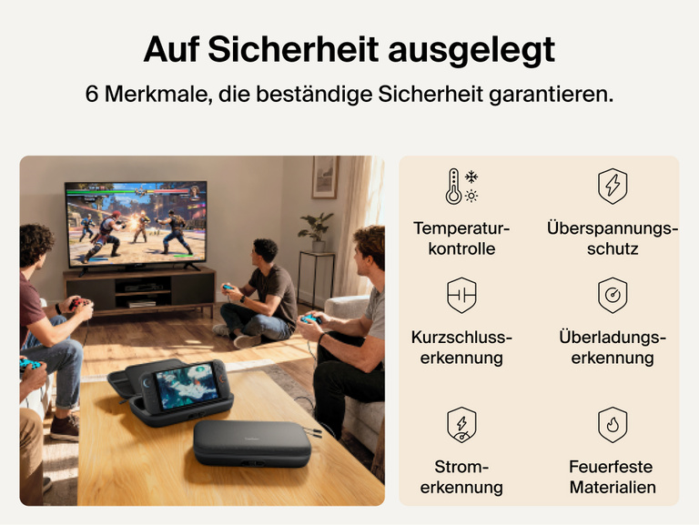 Belkin Gaming Charging Case Pro for Nintendo Switch 2 shown in a living room setup highlighting engineered safety features including temperature monitoring, overvoltage protection, overload detection, and fire-resistant materials.