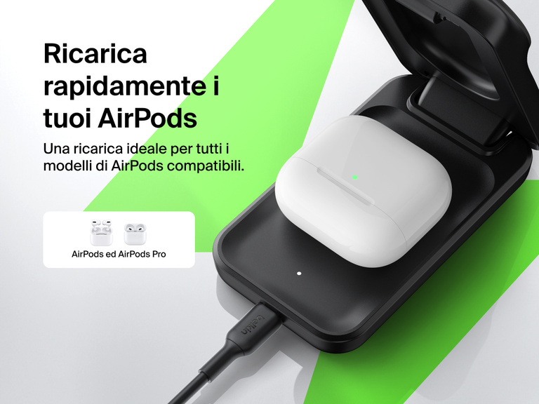 Il caricabatteria magnetico pieghevole 3 in 1 con Qi2 da 25 W Belkin UltraCharge offre una ricarica wireless ottimale per AirPods ed AirPods Pro compatibili.