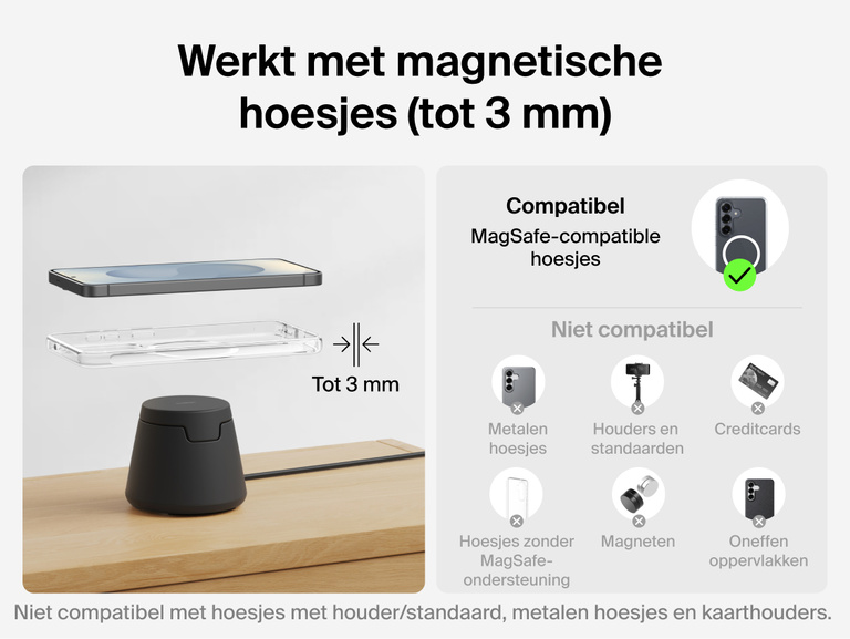 Afbeelding van het Belkin UltraCharge modulaire laadstation met Qi2 25W waarop compatibiliteit met magnetische hoesjes tot 3&nbsp;mm dik en geoptimaliseerde uitlijning voor betrouwbaar draadloos opladen zonder metalen of portemonnee-achtige hoesjes benadrukt worden.
