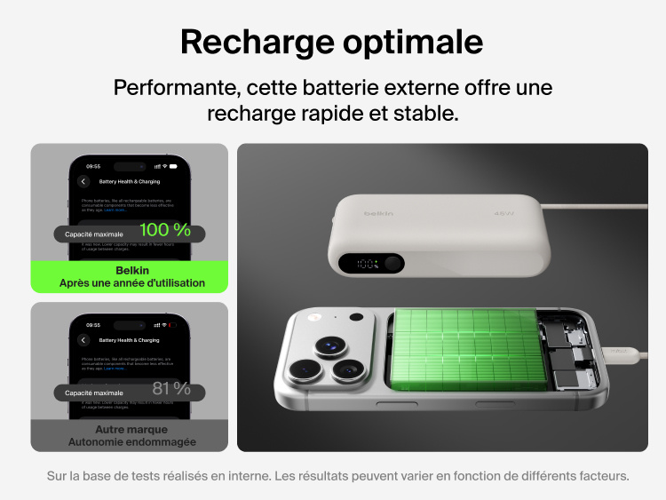 Belkin UltraCharge 10K power bank with integrated USB-C cable and digital display featuring optimized fast and stable charging to support long-term battery health