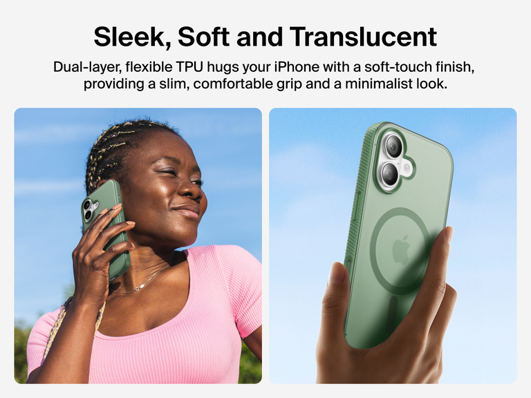 Belkin SheerForce Grip Series Case for iPhone 17 with slim translucent design and soft-touch finish for a comfortable grip.