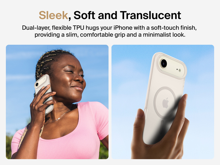 Belkin SheerForce Grip Series Case for iPhone 17 with slim translucent design and soft-touch finish for a comfortable grip.