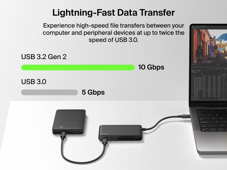 Belkin Connect 5-Port USB-C Hub with 4K HDMI enables lightning-fast USB 3.2 Gen 2 data transfer up to 10Gbps for MacBook.
