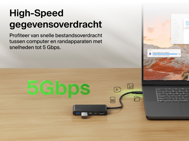Belkin Connect 5-Port USB-C Hub with Dual USB-C Ports enables high-speed data transfer up to 5Gbps between laptop and connected devices.